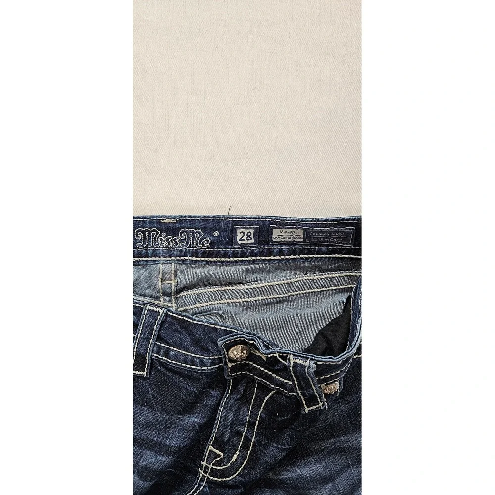 Miss Me Mid Rise Easy Cuffed Straight Leg Jeans Dark Wash Embellished Size 28